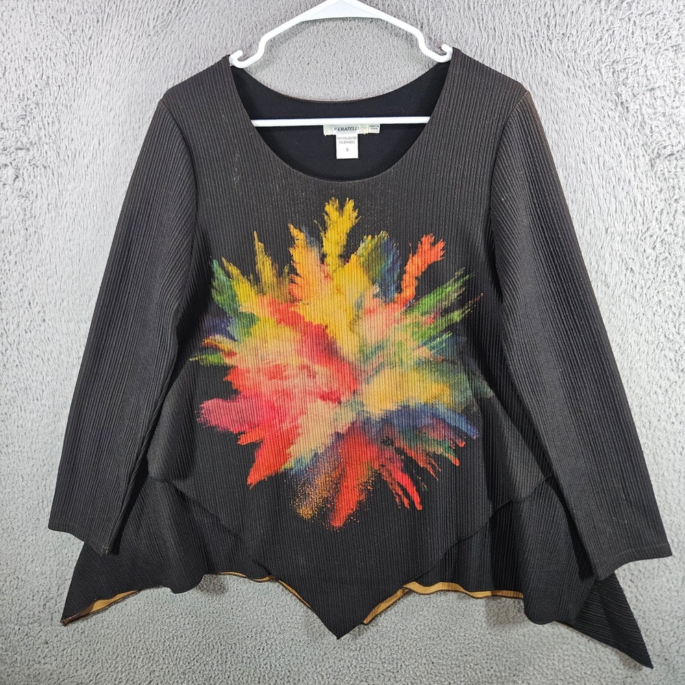 Feratelli Womens Black Ribbed Sharkbite Hem Top Rainbow Paint Splash Graphic S